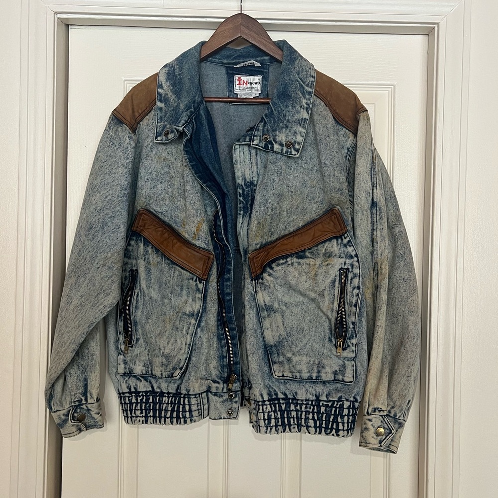 Vintage IN CROWD acid Washed  Denim Bomber Jacket with Lamb leather trim